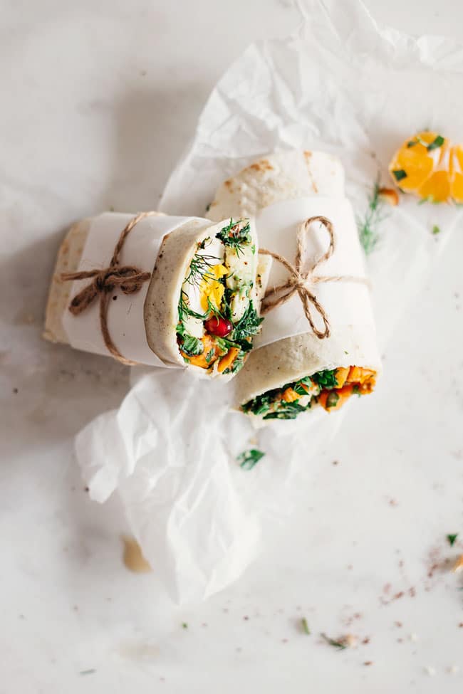 Easy wrap with sweet potato salad and soft boiled egg #lunch #wrap | TheAwesomeGreen.com