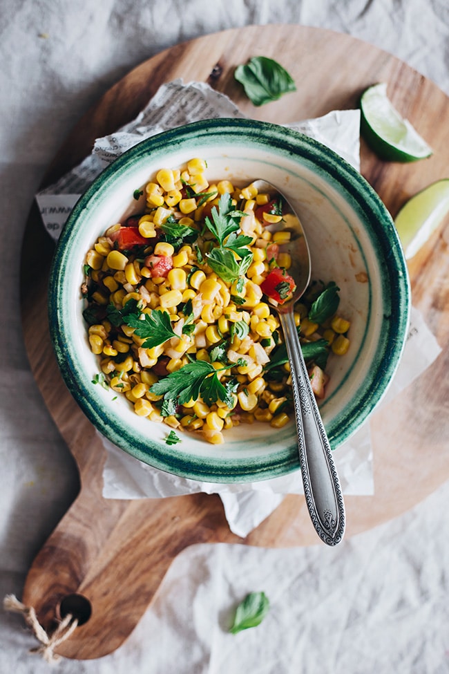 Sweet Corn Salsa with ripe tomatoes, parsley and lime juice #summer| TheAwesomeGreen.com