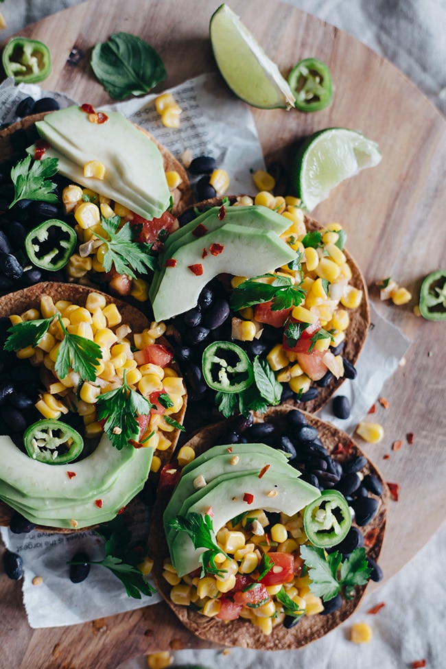Crispy tostadas with spicy black beans and sweet corn salsa | TheAwesomeGreen.com