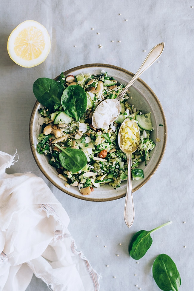 Very green detox quinoa salad with spring herbs, broccoli, avocado, ginger and matcha | TheAwesomeGreen.com