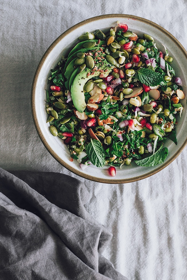 Mung Sprouts Salad with Avocado and Pomegranate #detox #vegan | TheAwesomeGreen.com