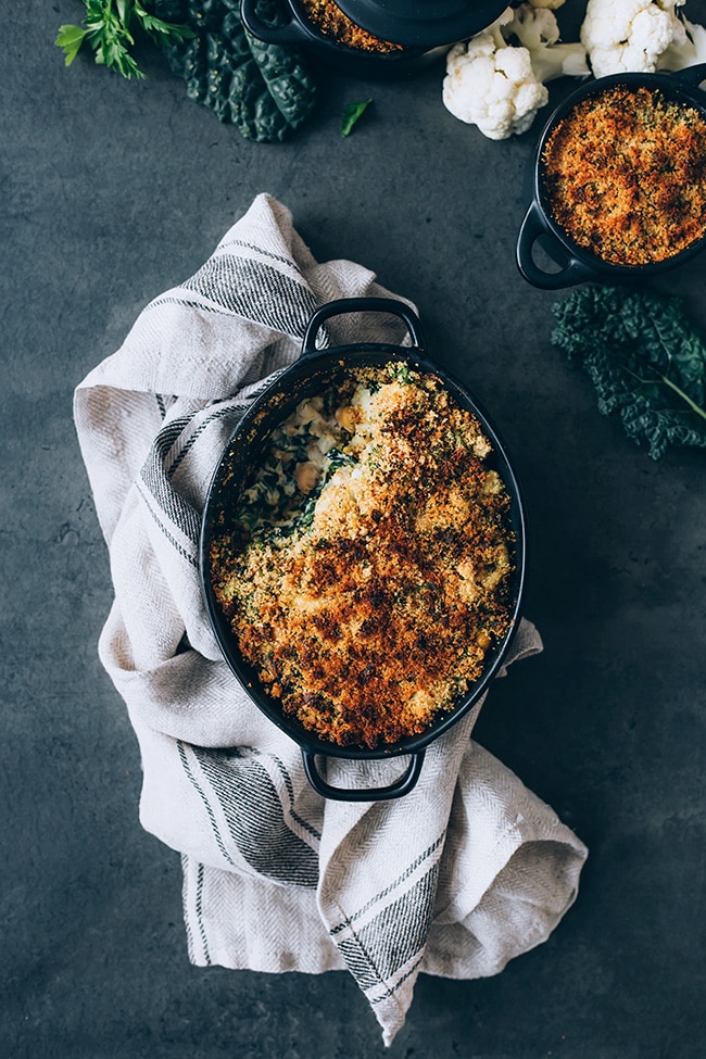 Veggie-loaded casserole, perfect for the Thanksgiving dinner! #vegan #thanksgiving #foodstyling #foodphotography #casserole #kale #cauliflower | TheAwesomeGreen.com