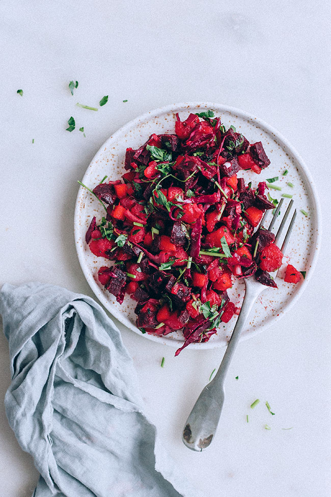 Russian salad with sauerkraut for gut health and immune boost#vegan #immuneboost #guthealth #salad #beet #sauerkraut #foodstyling #foodphotography | TheAwesomeGreen.com