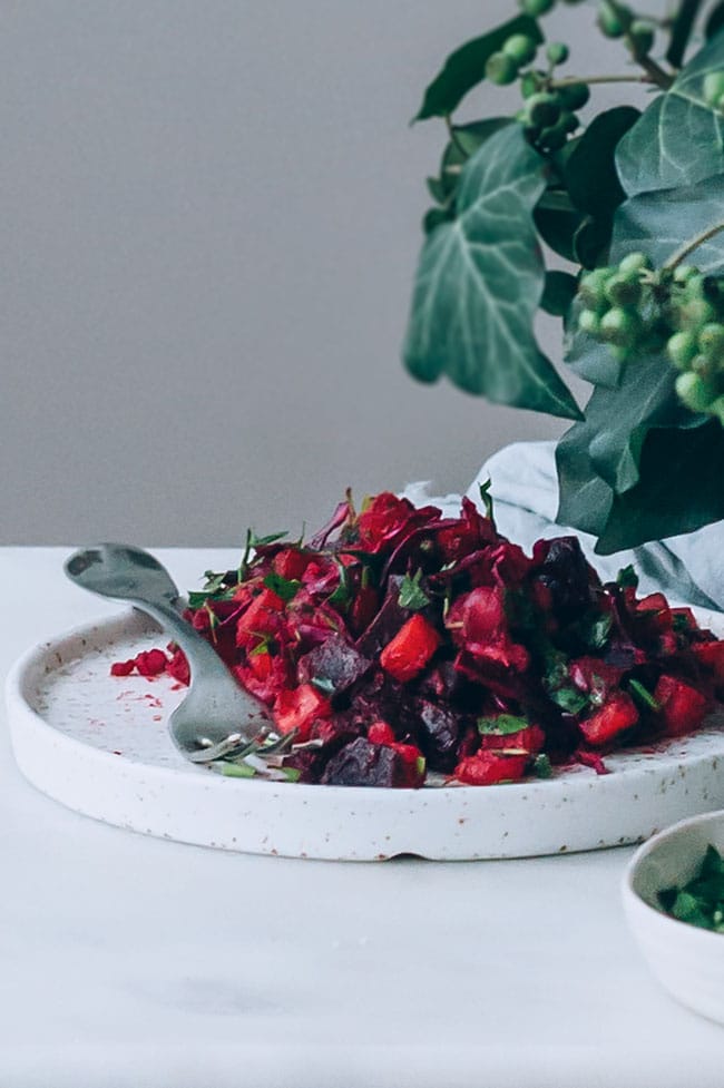 Russian salad with beet and sauerkraut #vegan #immuneboost #guthealth #salad #beet #sauerkraut #foodstyling #foodphotography | TheAwesomeGreen.com