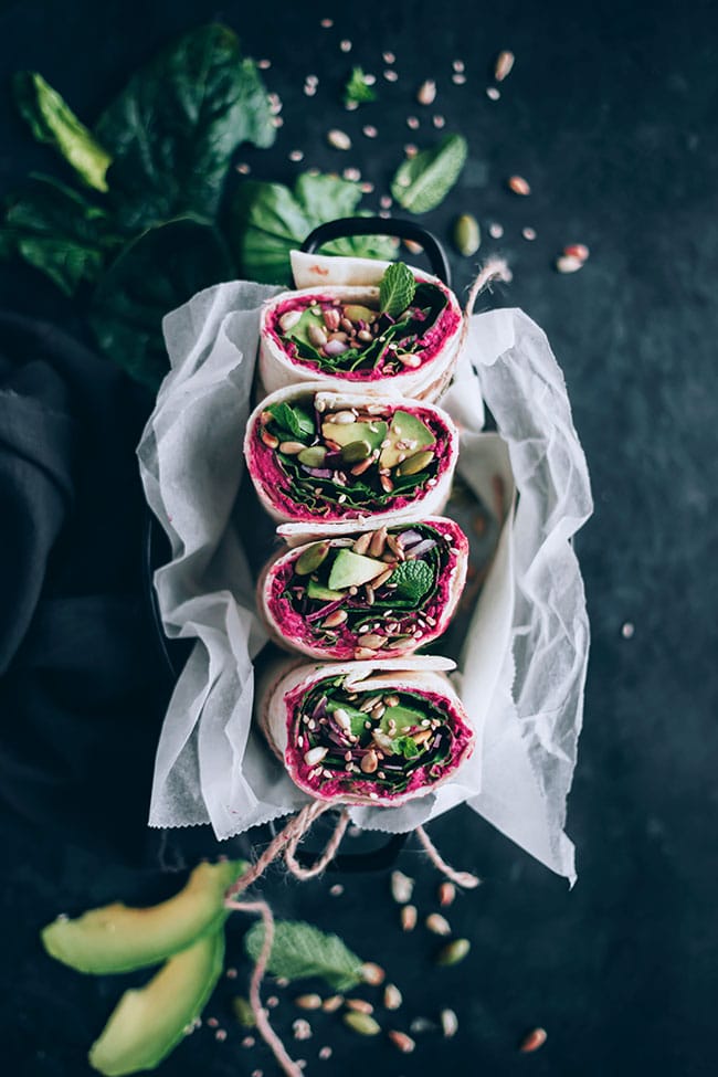 Spinach wrap with beet hummus, my go-to healthy lunch #spinach #wrap #lunch #alkalize | TheAwesomeGreen.com