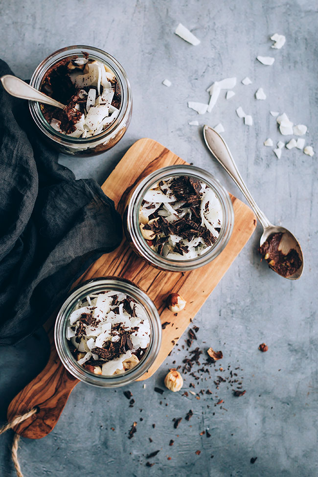 Avocado chocolate mousse with coconut and hazelnuts, ready in 10 mins #chocolate #mousse #dessert #vegan #glutenfree #chocolatemousse #foodphotography | TheAwesomeGreen.com