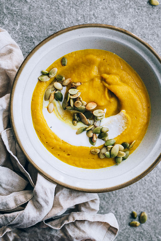 Red lentil and butternut soup with coconut yogurt and ginger | TheAwesomeGreen.com