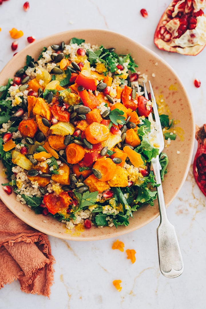Roasted vegetable salad bowl with quinoa and greens
